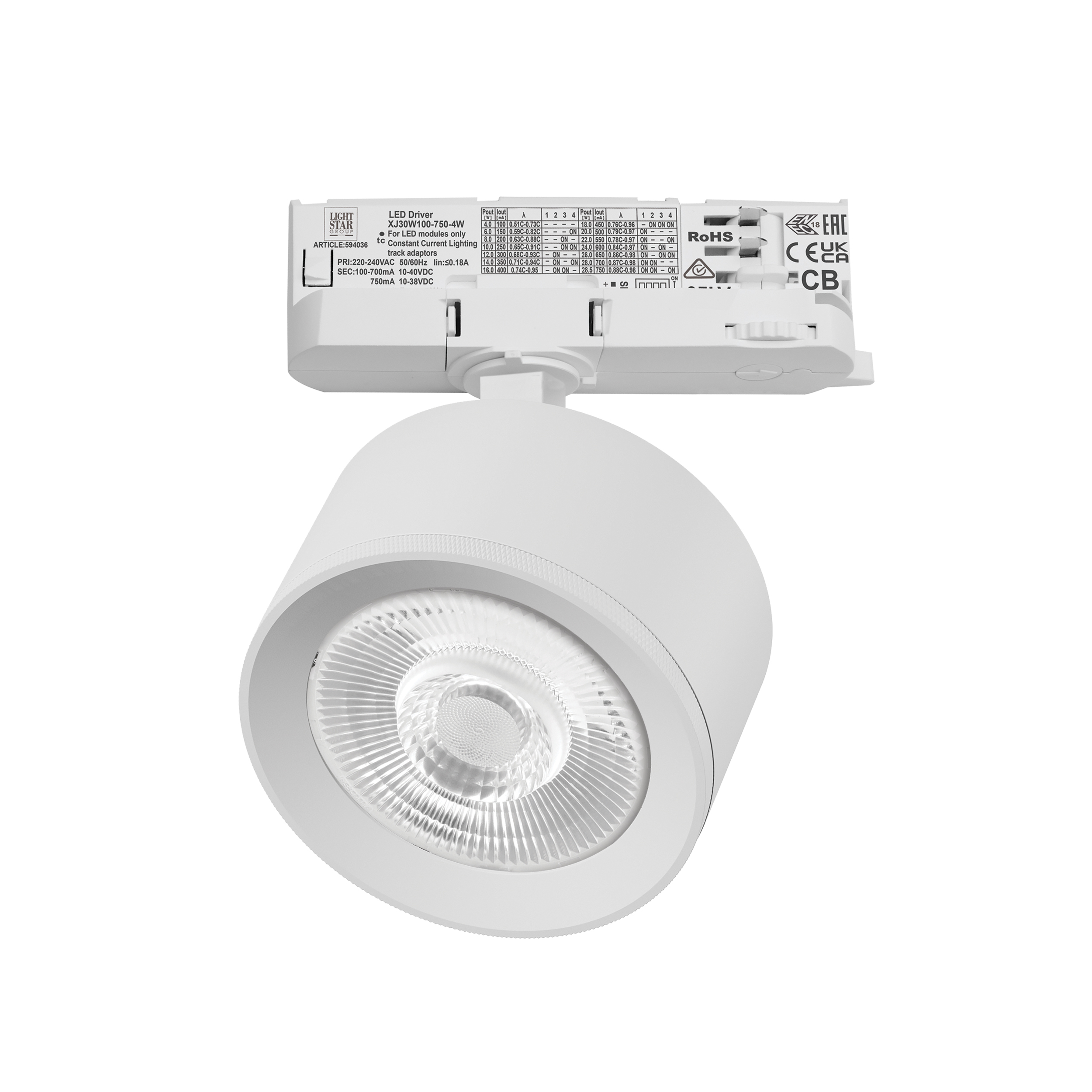 Светильник ALTA PRO для трековой системы Quattro LED 15W 1700LM 60G БЕЛЫЙ 3000K с адаптером (215536 + 594036 + 215504)