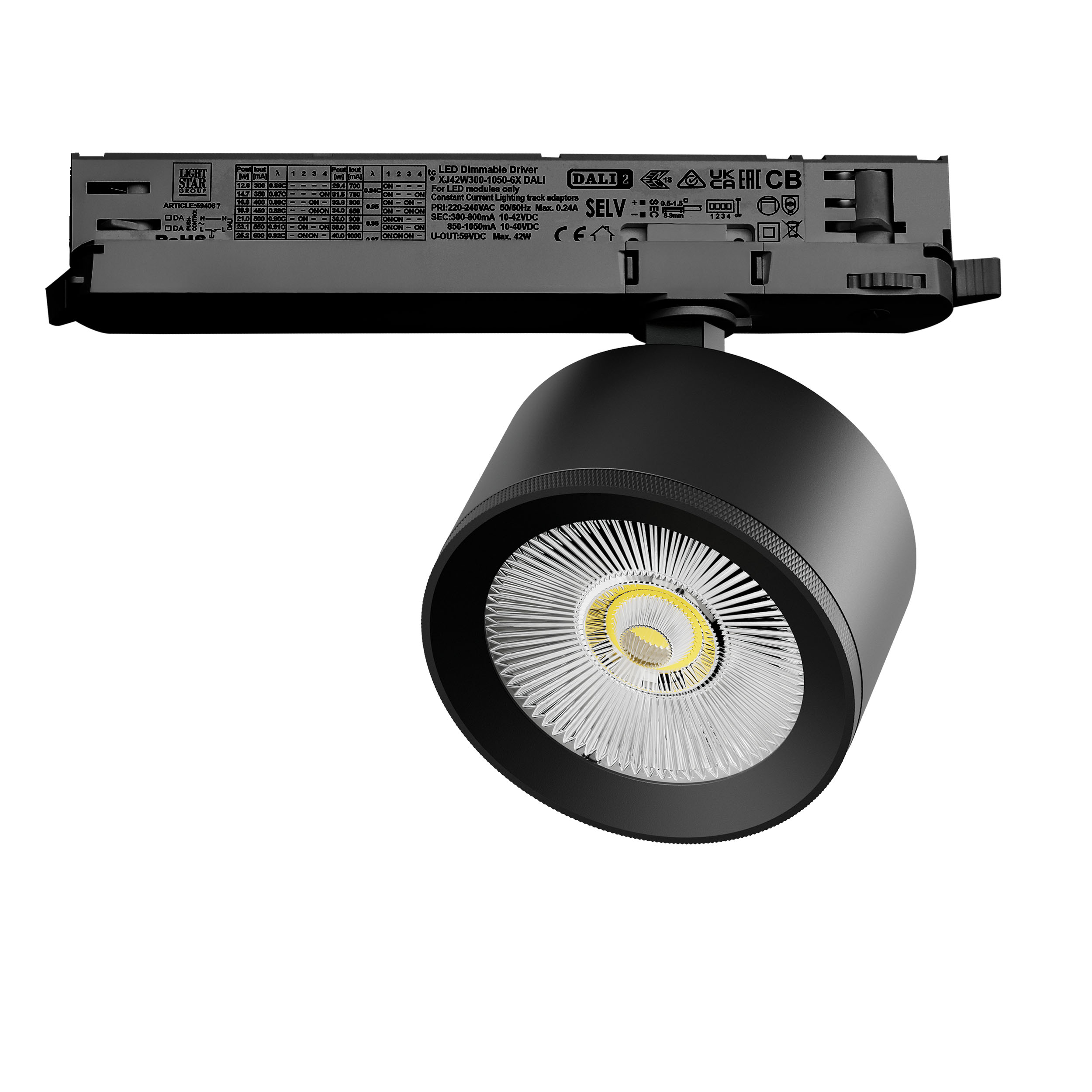Светильник ALTA PRO для трековой системы Quattro с управлением DALI LED 15W 1700LM 36G ЧЕРНЫЙ 3000K с адаптером (215537 + 594067)